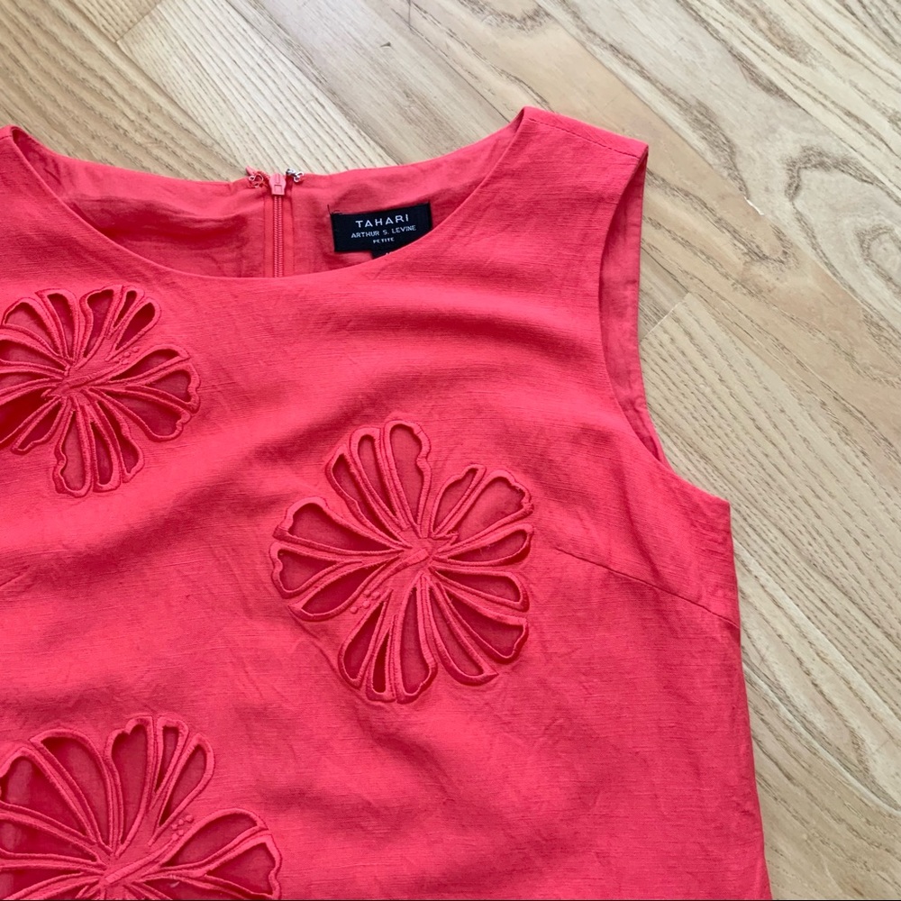 Tahari Linen dress | red Laser Cut Floral Sheath Dress red sundress mini dress - Picture 3 of 10